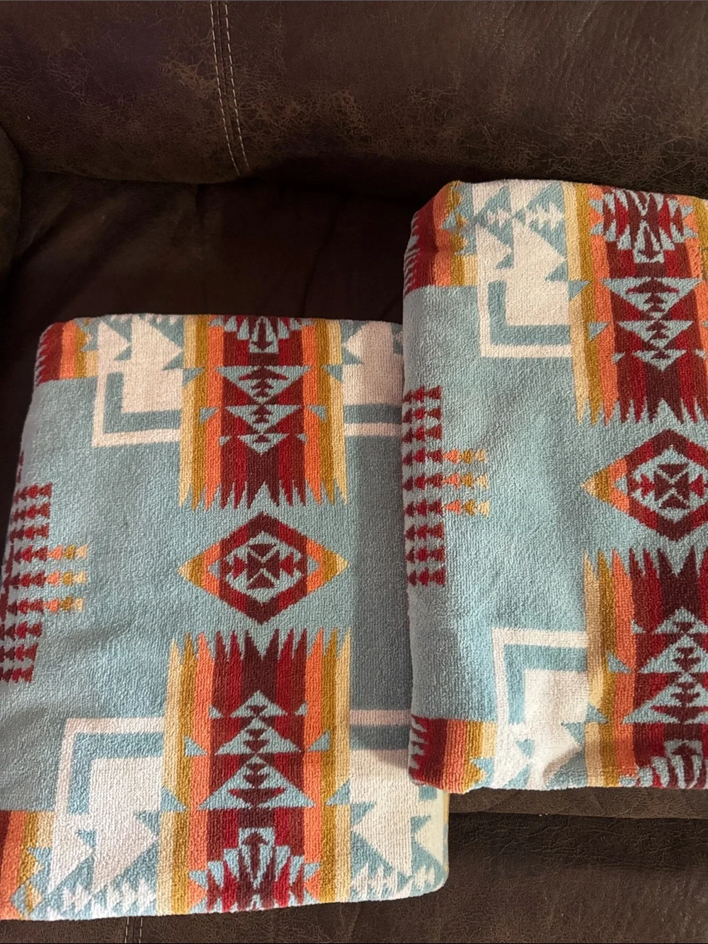 Pendleton Light Blue Bath Towel with Red, Orange & Yellow Southwestern Pattern